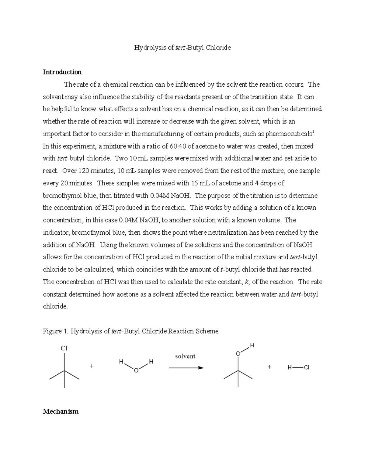 T Butyl Chloride Lab Report Hydrolysis Of Tert Butyl Chloride