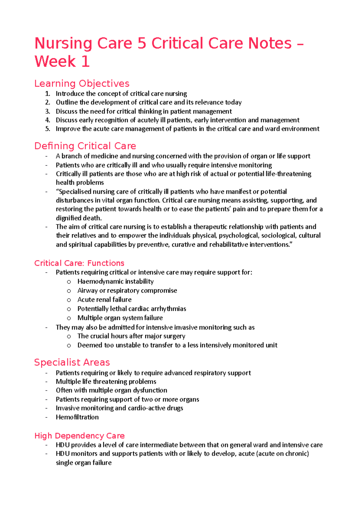 Nursing Care 5 Critical Care Notes – Week 1 - Nursing Care 5 Critical ...