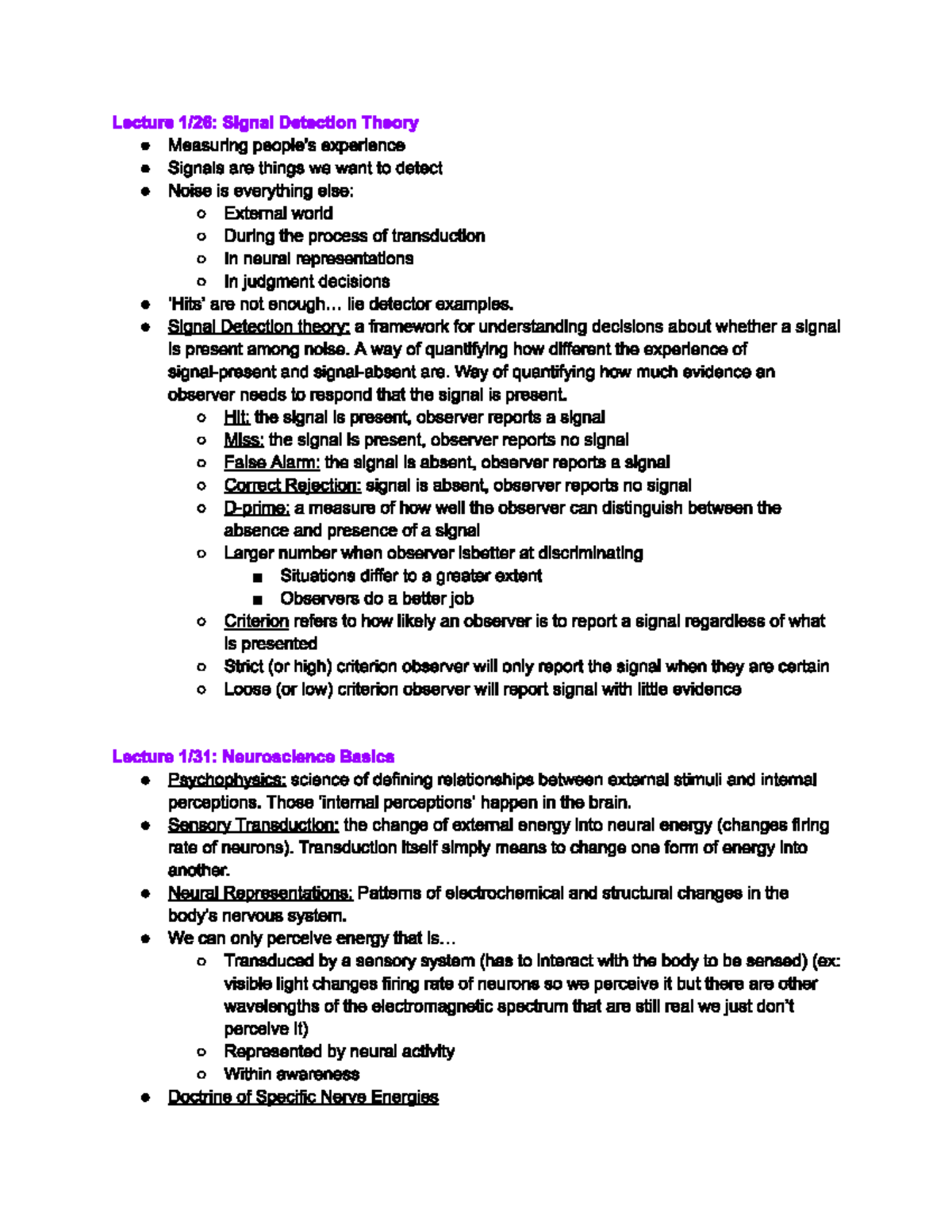 Pt1 - Lecture notes for sensation and perception with prof lisa sanders ...