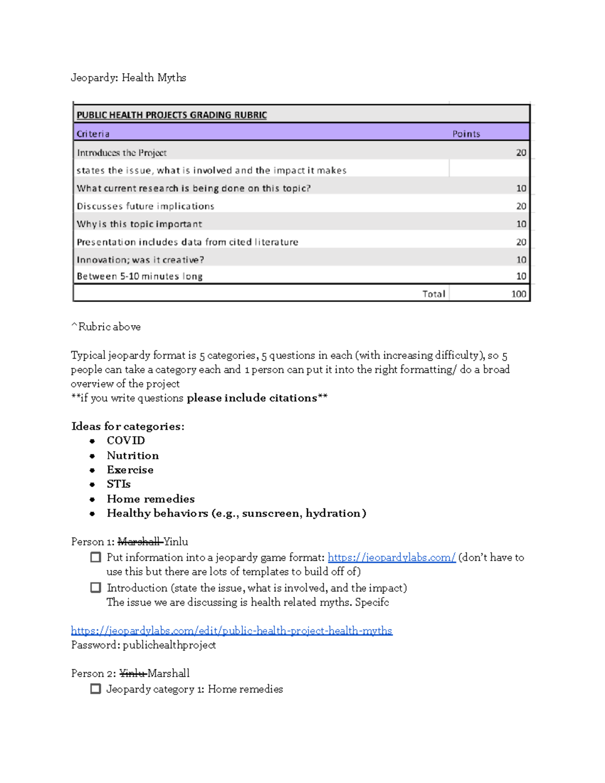 Public Health Project Jeopardy Health Myths ^Rubric above Typical