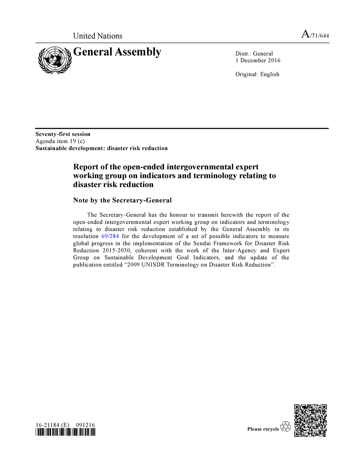 Sendai Updates ON Unisdr Terminology ON DR - United Nations A/71 ...