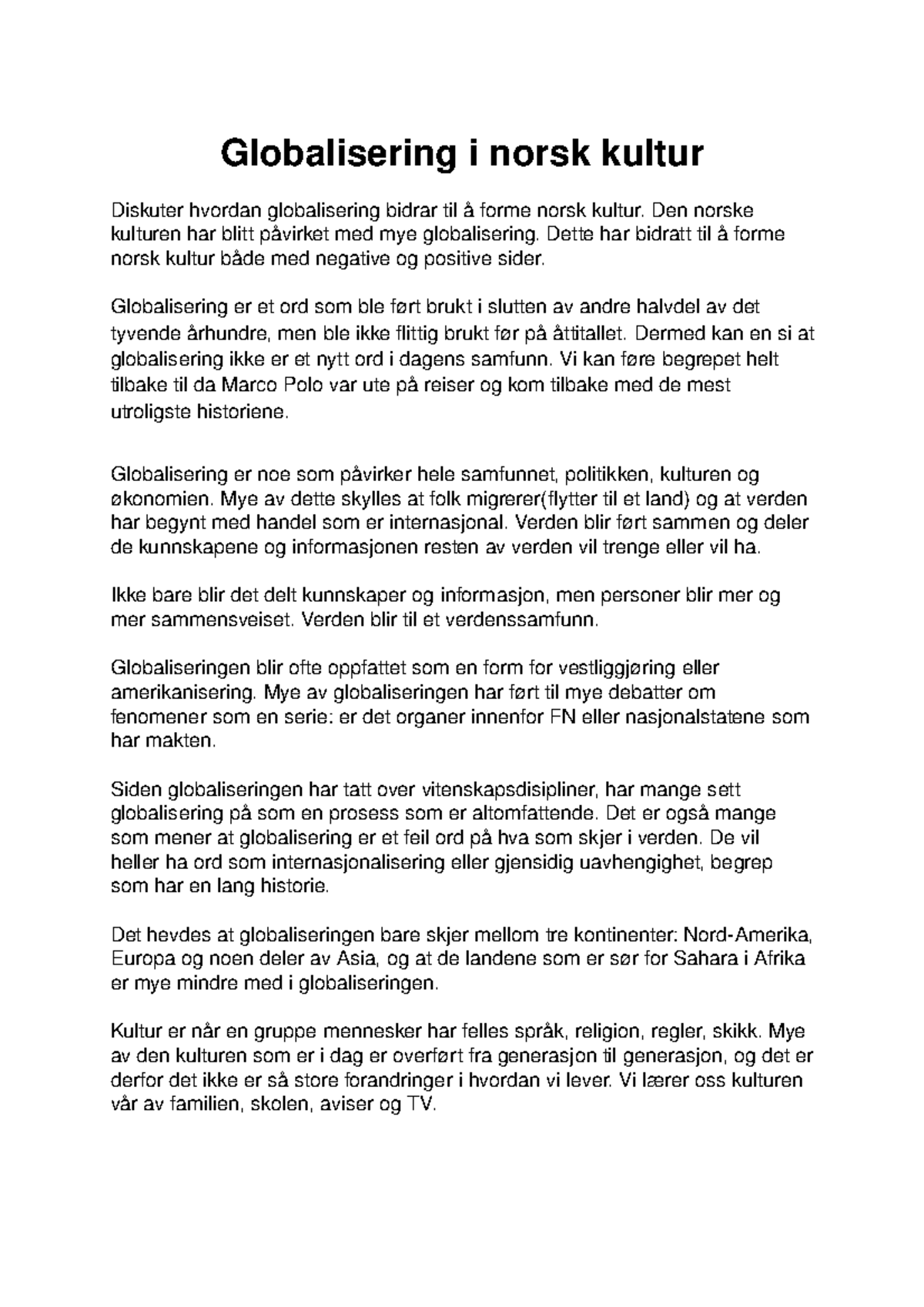 Globalisering I Norsk Kultur Studocu