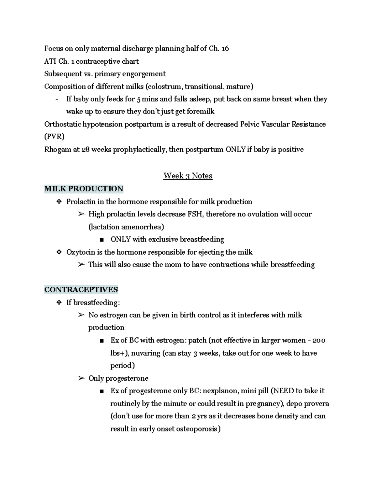 N306 Week 3 Notes - Focus on only maternal discharge planning half of ...