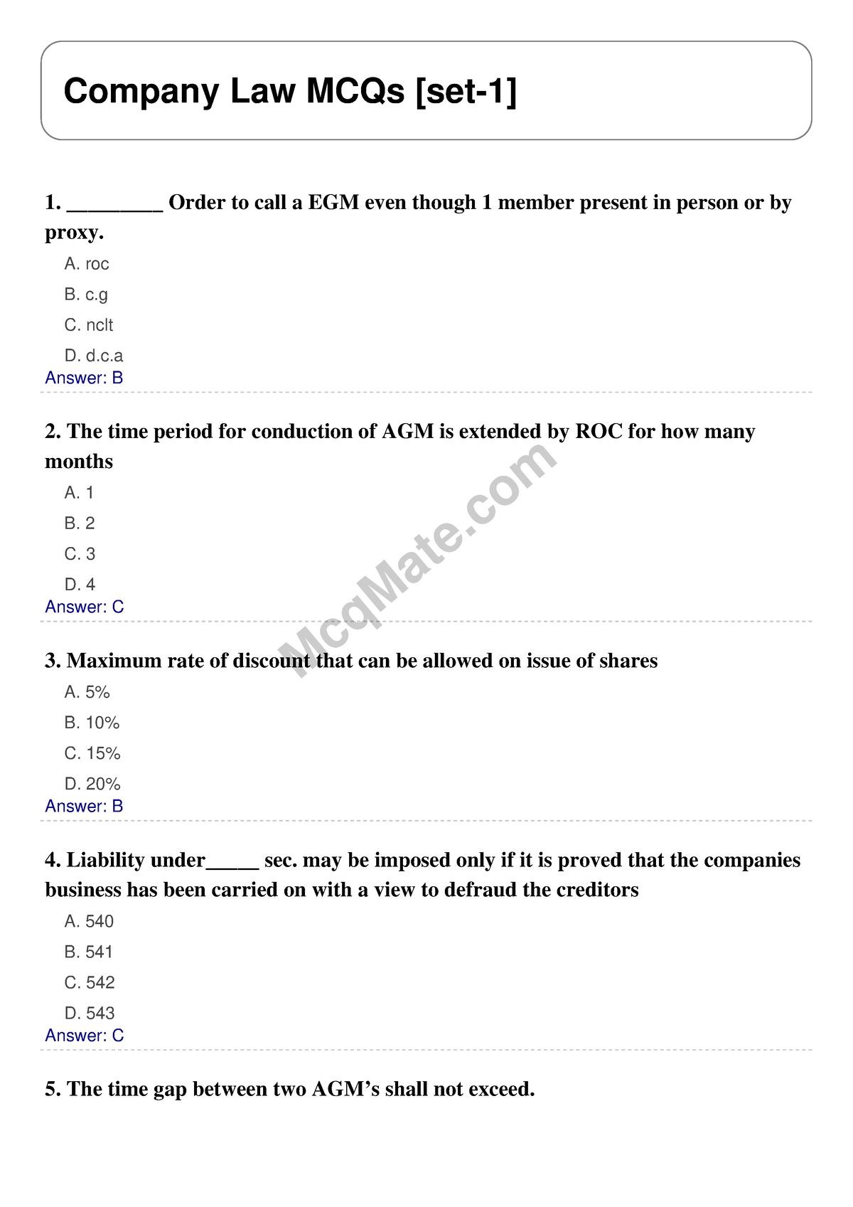 Company-law-set-1 Mcqmate - McqMate Company Law MCQs [set-1] 1 ...