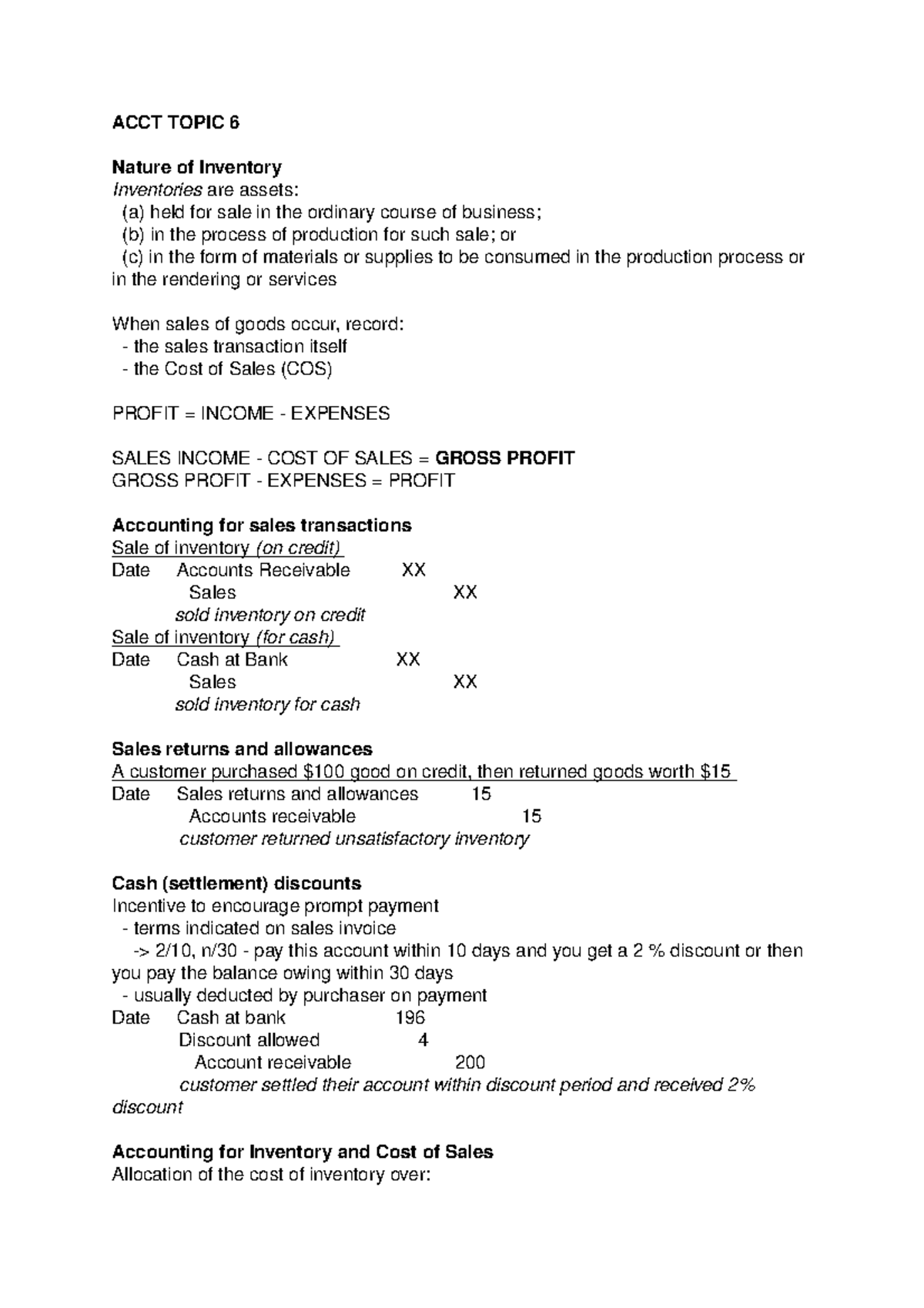 Accounting for Business - Lecture notes - Topic 6 - ACCT TOPIC 6 Nature ...