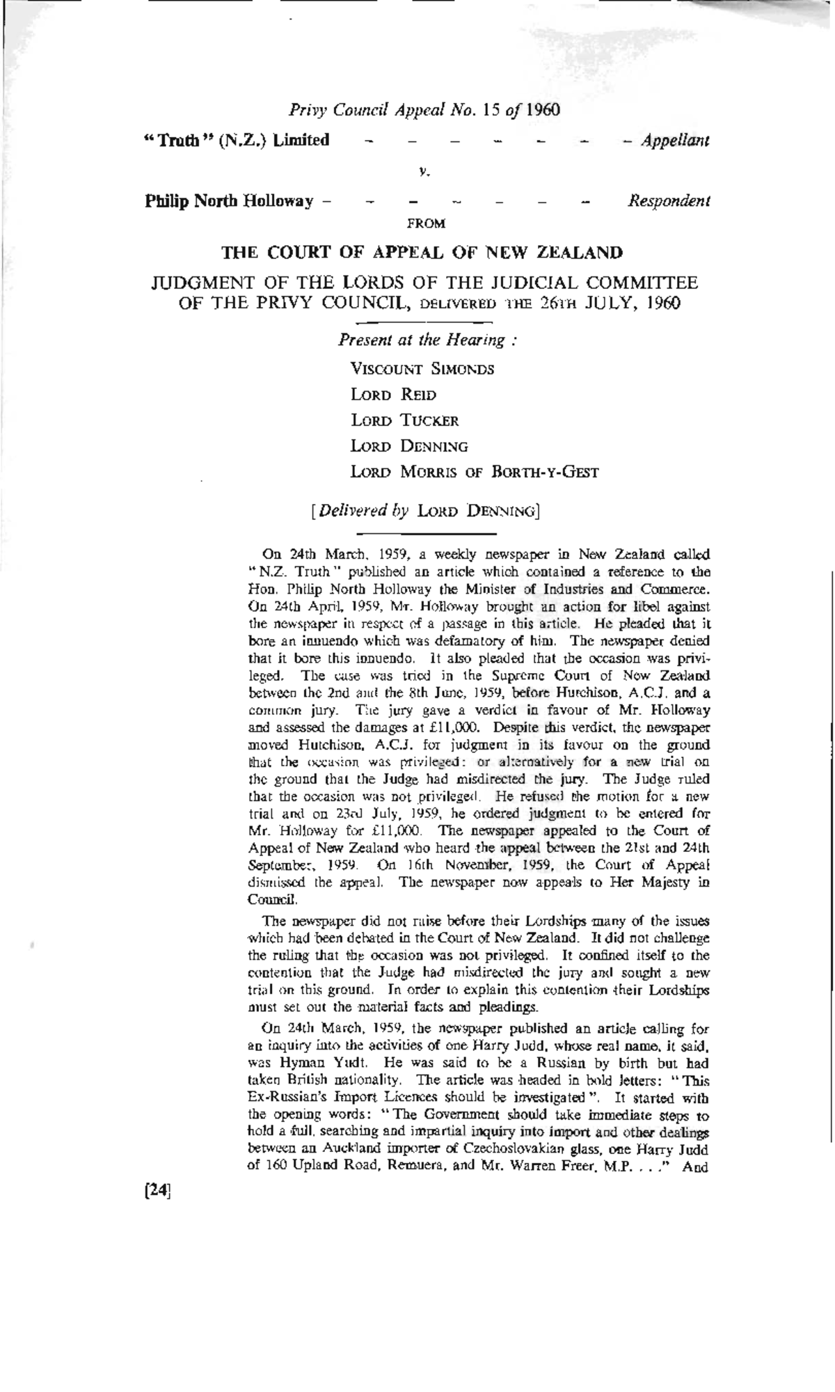 Truth (New Zealand) Ltd v Holloway Introduction to the Law of Torts