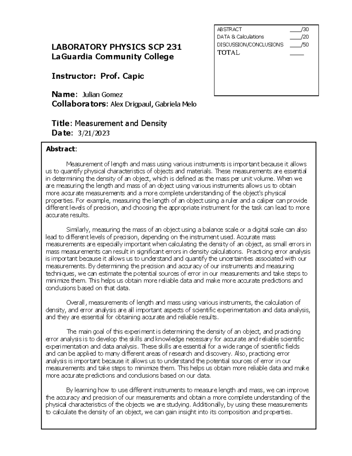 SCP231 Lab 1 - Measurement and Density - LABORATORY PHYSICS SCP 231 ...