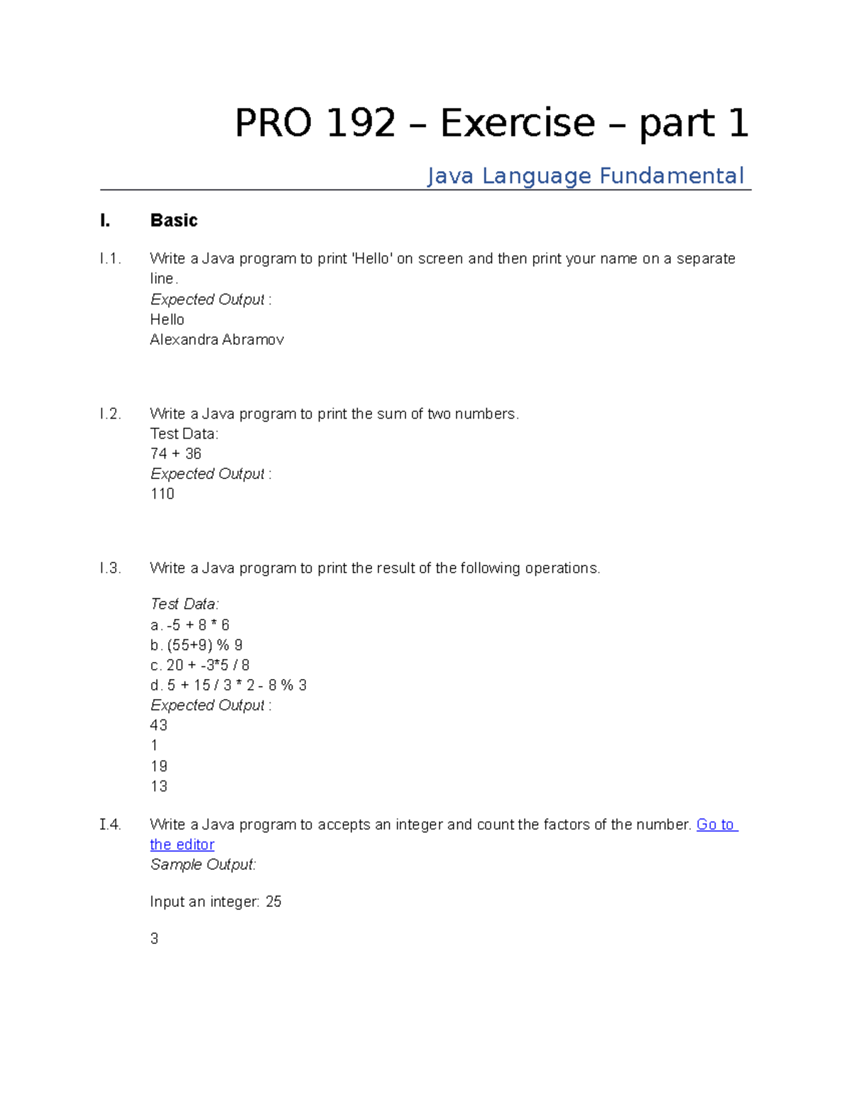 Exercise-Java Fundamental - PRO 192 – Exercise – Part 1 Java Language ...