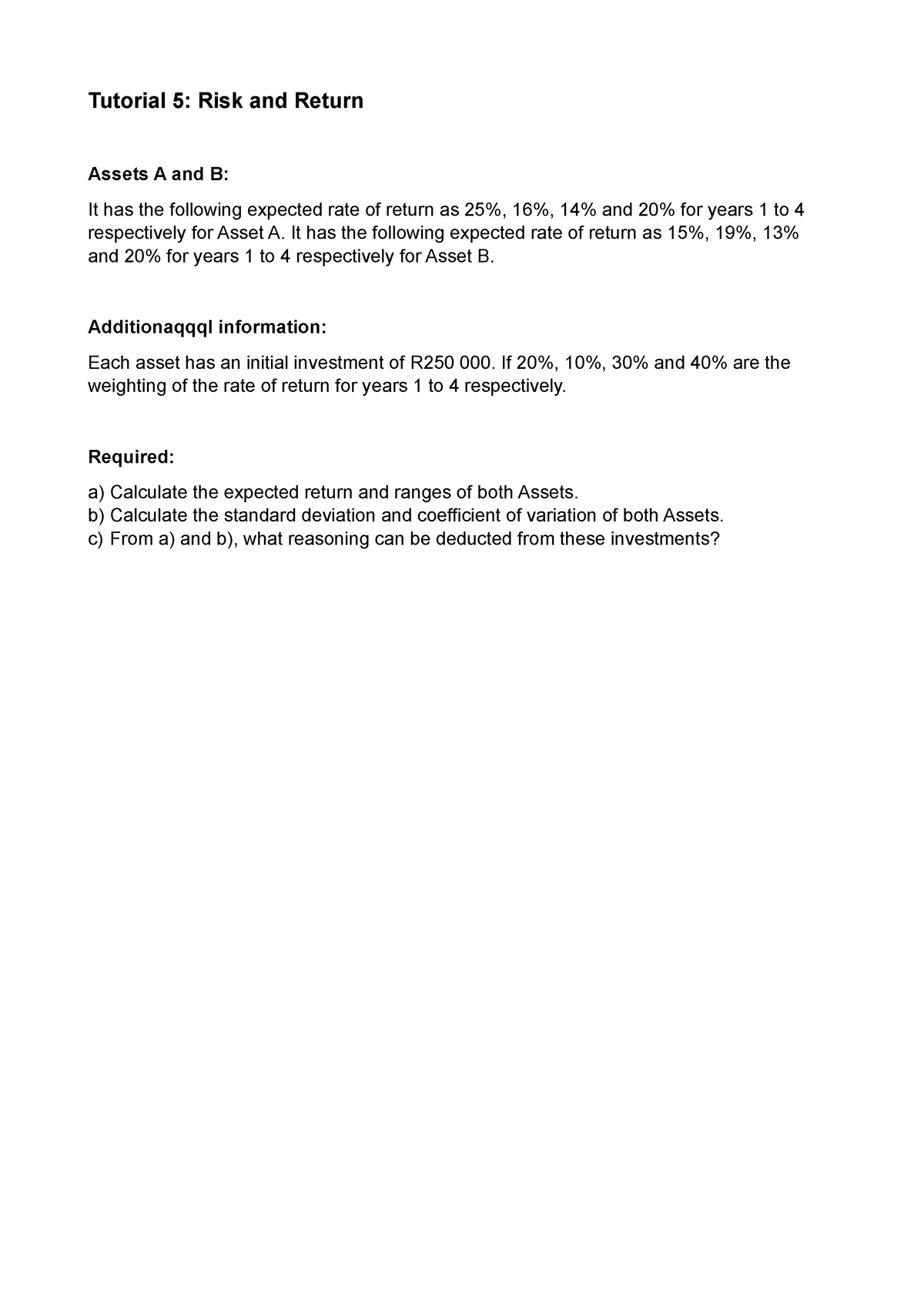 Tutorial 5 Solutions - Tutorial 5: Risk And Return Assets A And B: It ...