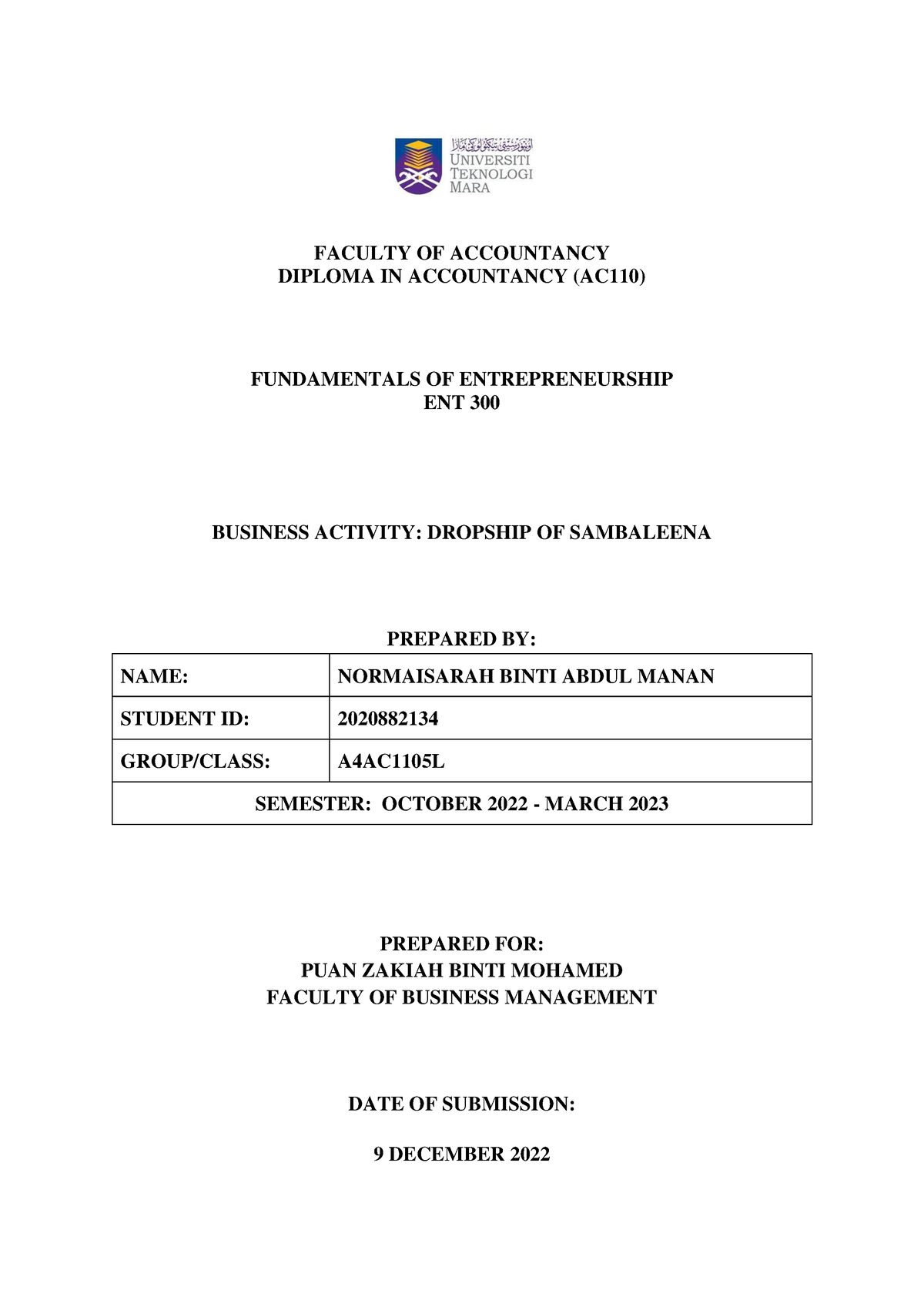 ent300 individual assignment project description