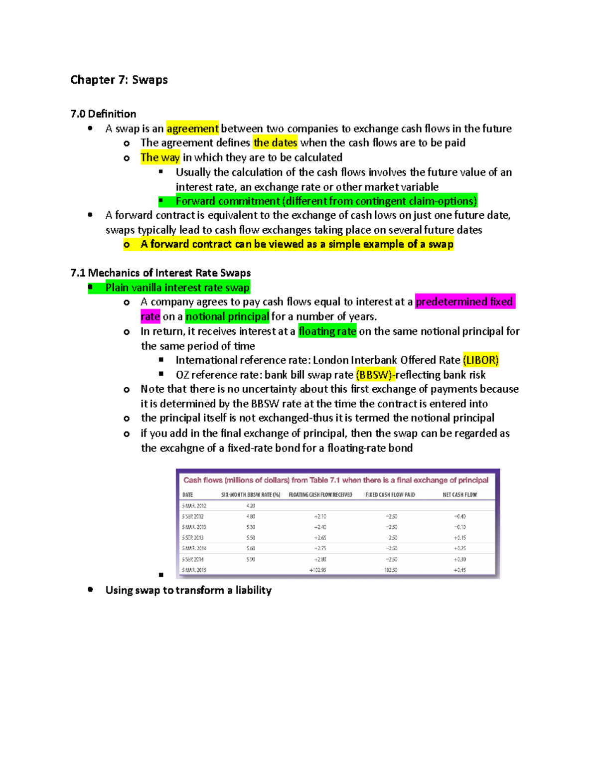 Chapter 7 Summary - Finc 3012 Notes - Chapter 7: Swaps 7 Definition A ...