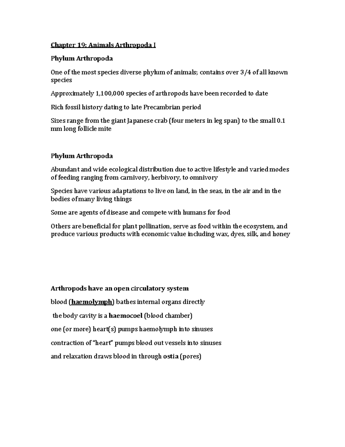 19 - Chapter 19 summary - Chapter 19: Animals Arthropoda I Phylum ...