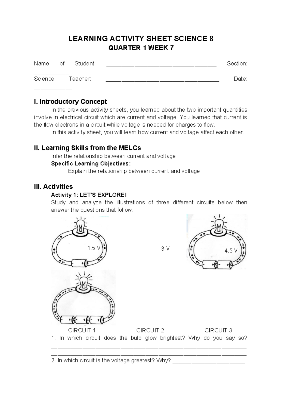 Science 8 LAS Ohms Law - LEARNING ACTIVITY SHEET SCIENCE 8 QUARTER 1 ...