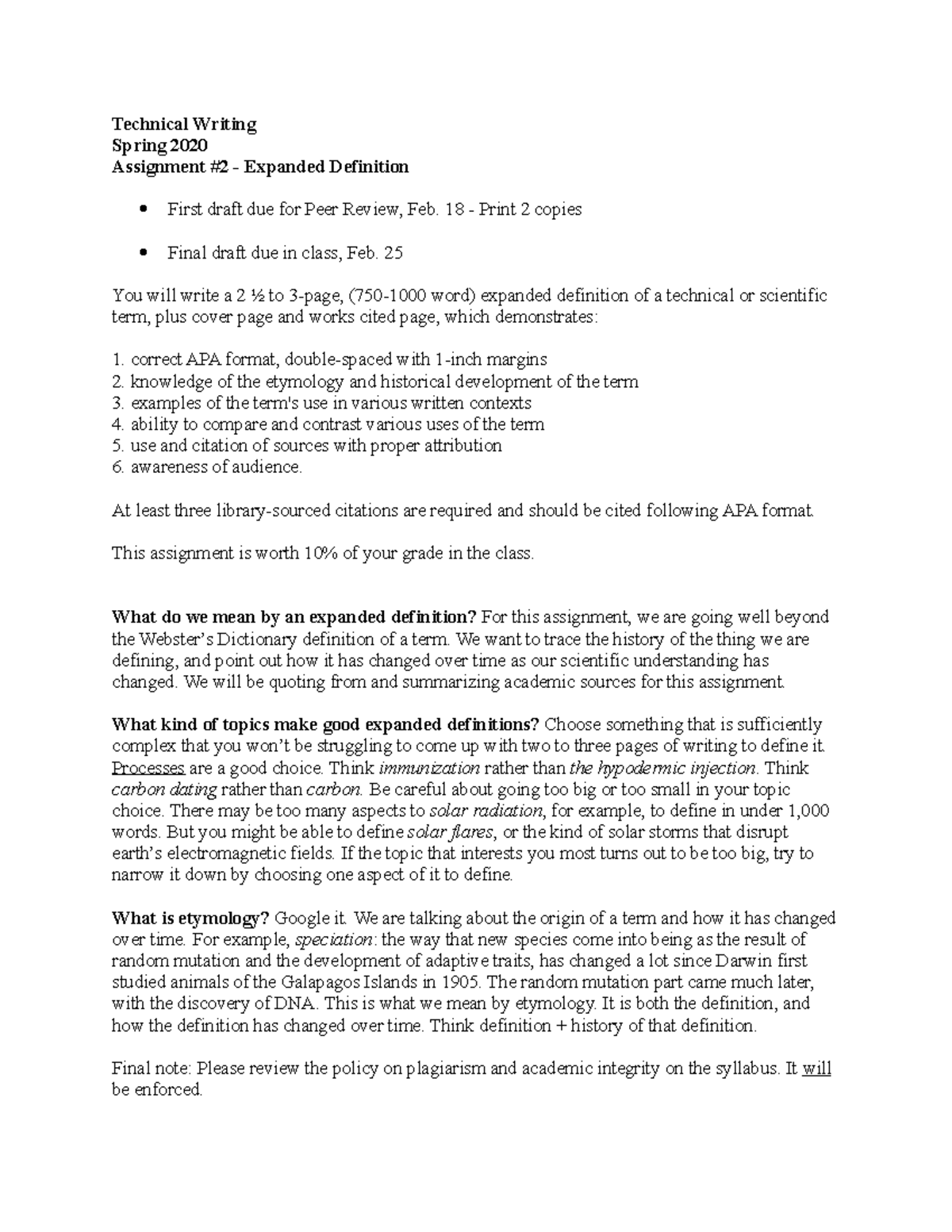 Expanded DefAssgn question Technical Writing Spring 2020 Assignment