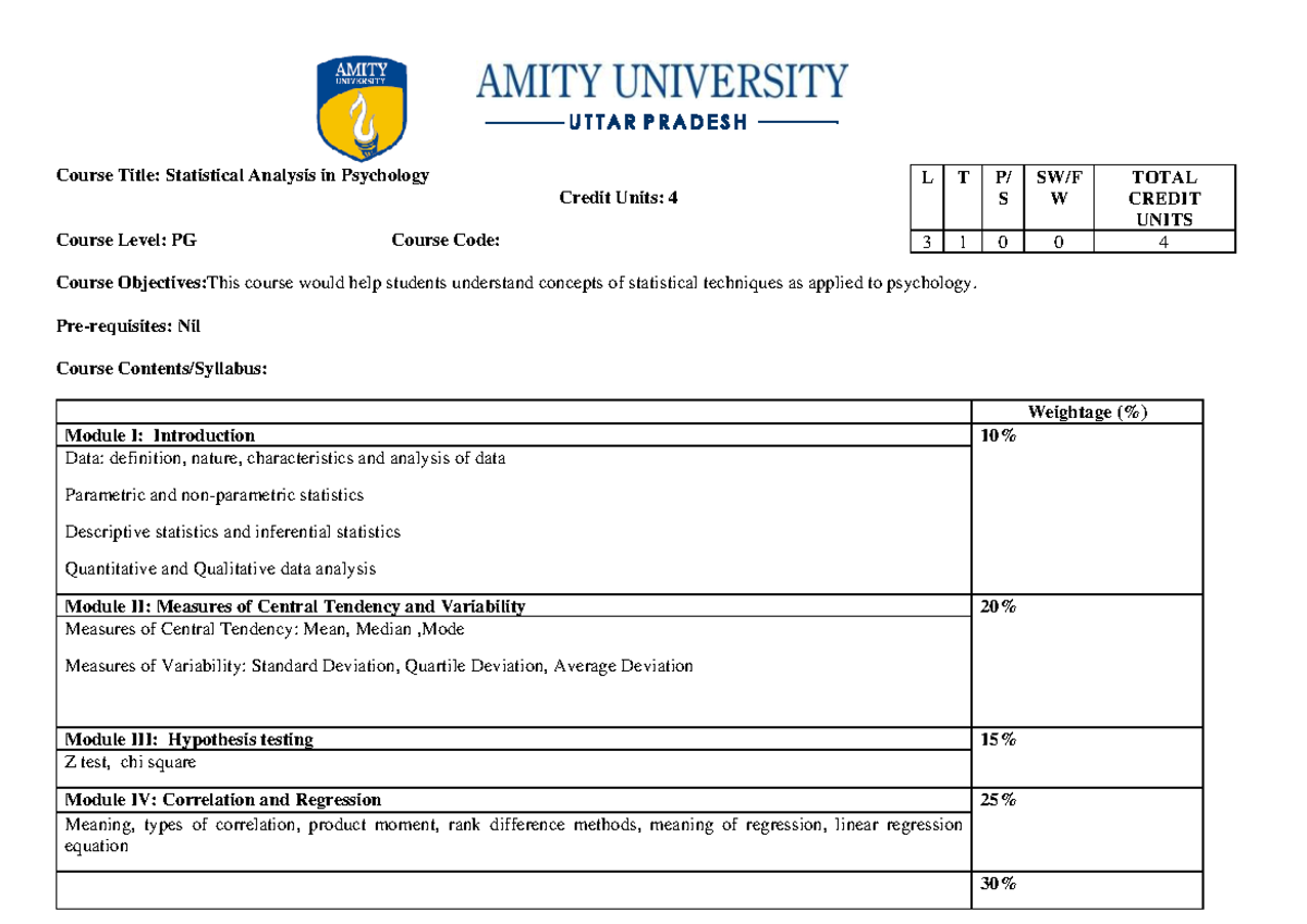 Statistics Syllabus - Course Title: Statistical Analysis in Psychology ...