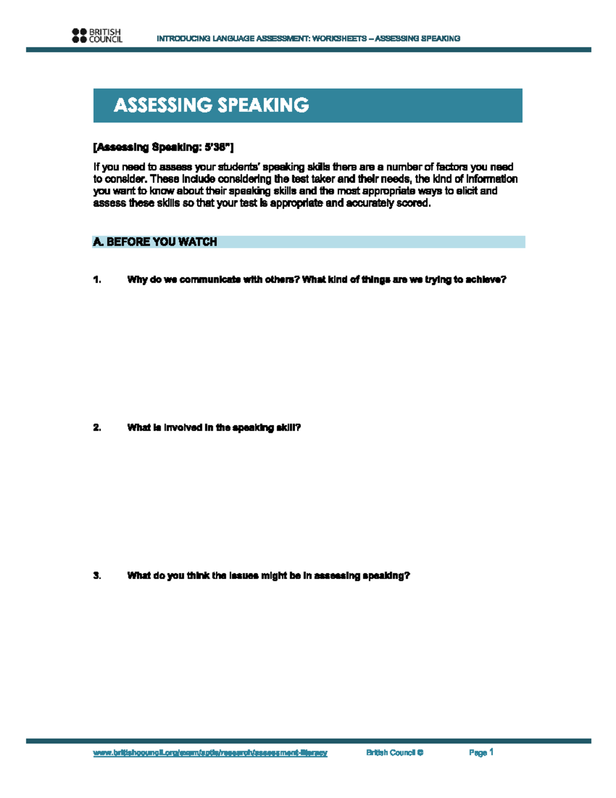 Assessing speaking worksheet - English Linguistics And Applications ...
