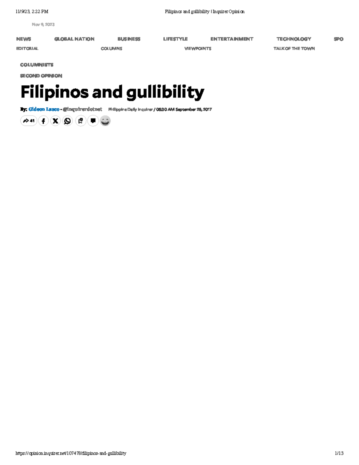 Filipinos and gullibility Inquirer Opinion - COLUMNISTS By: Gideon ...