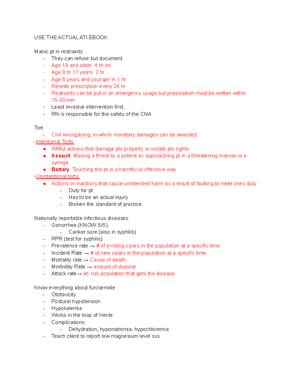Exit Study Points USE THE ACTUAL ATI EBOOK Manic pt in restraints