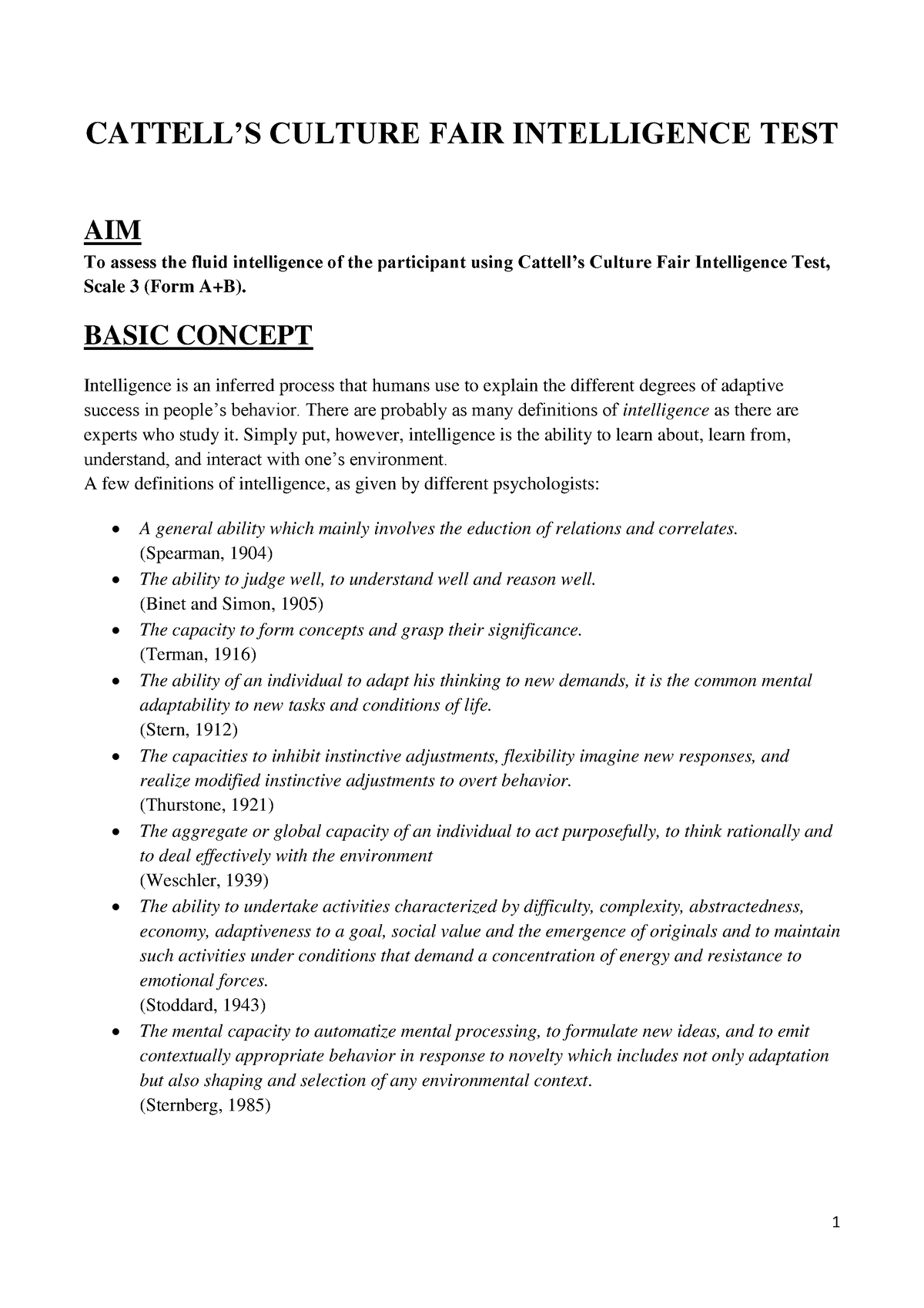 Pdfcoffee Cattel - CATTELL’S CULTURE FAIR INTELLIGENCE TEST AIM To ...