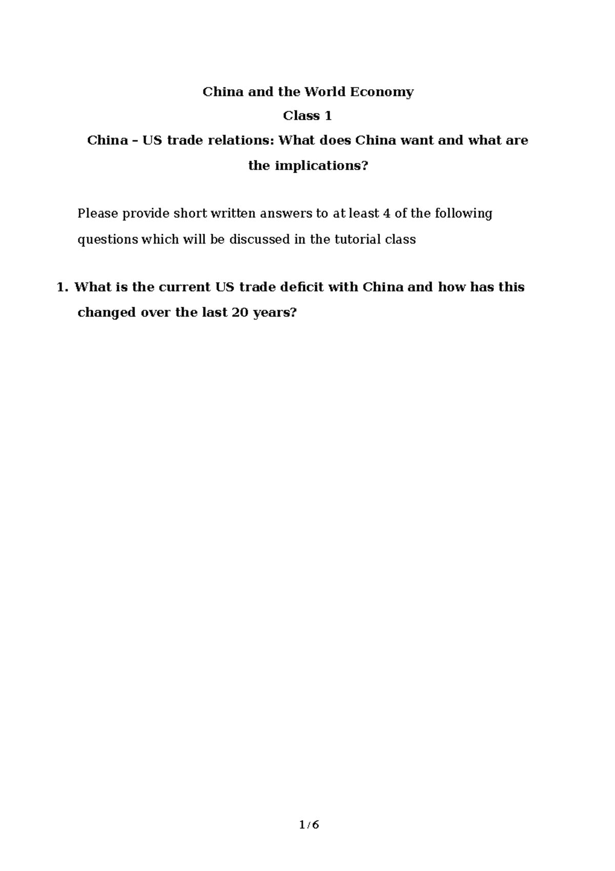 Class 1 US-China trade war - China and the World Economy Class 1 China ...