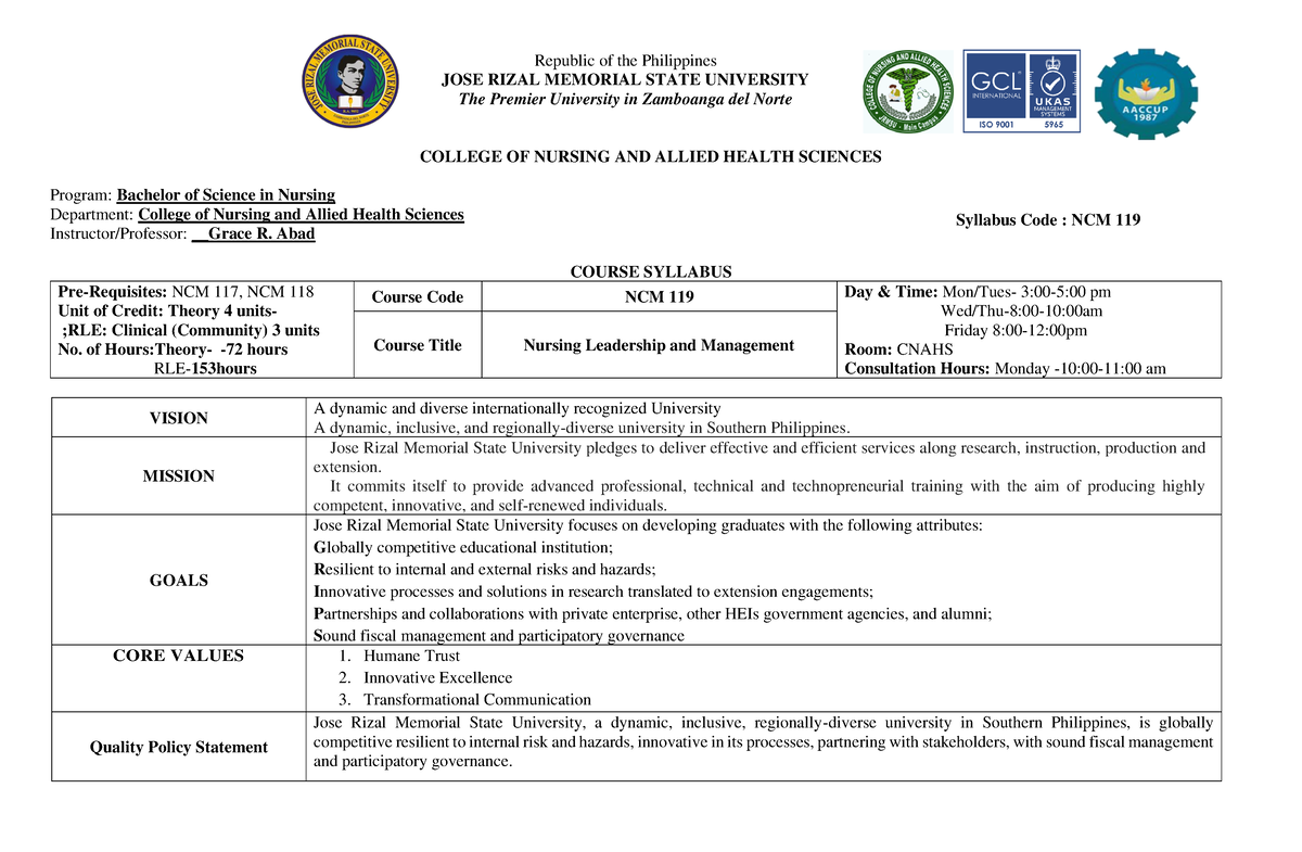 NCM 119 - Leadership And Management - Republic Of The Philippines JOSE ...