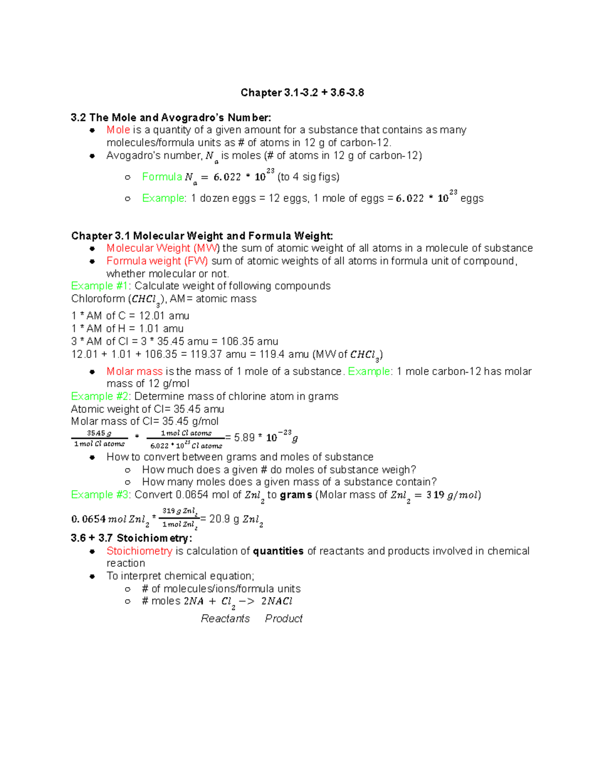 Chapter 3 - Stoichometry - Chapter 3.1-3 + 3-3. 3 The Mole and ...