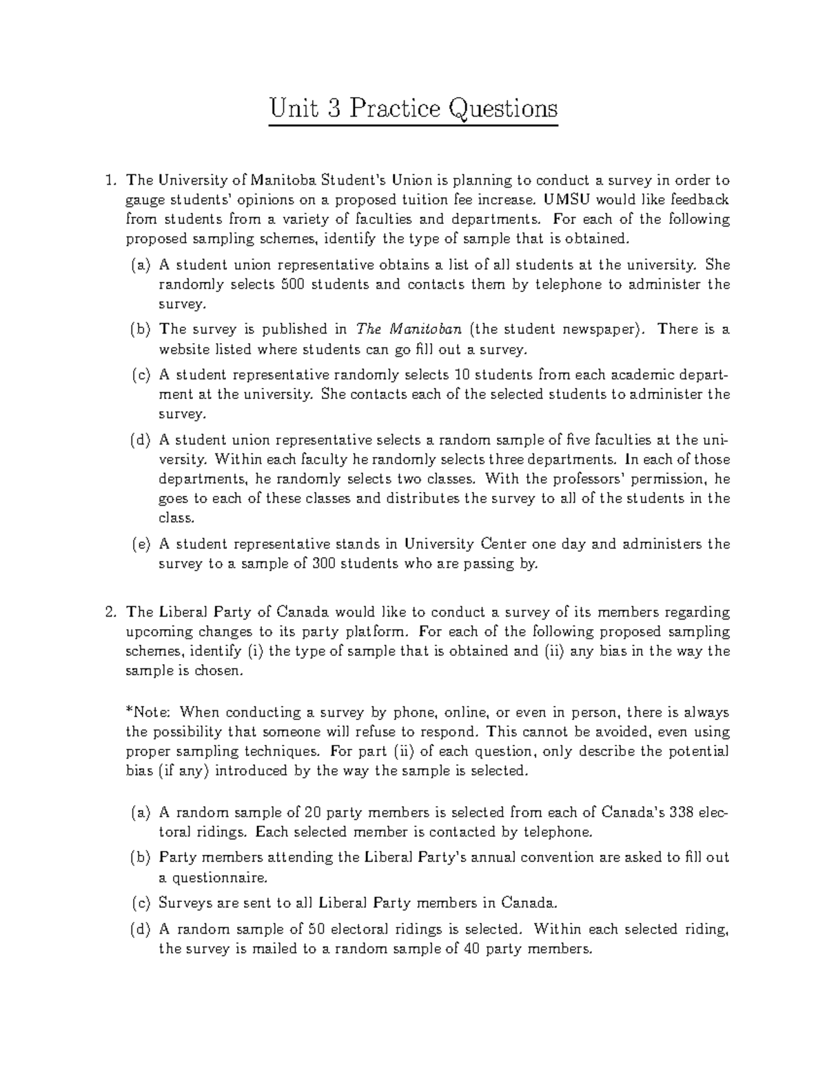 Assignment 3 - Unit 3 Practice Questions The University of Manitoba ...