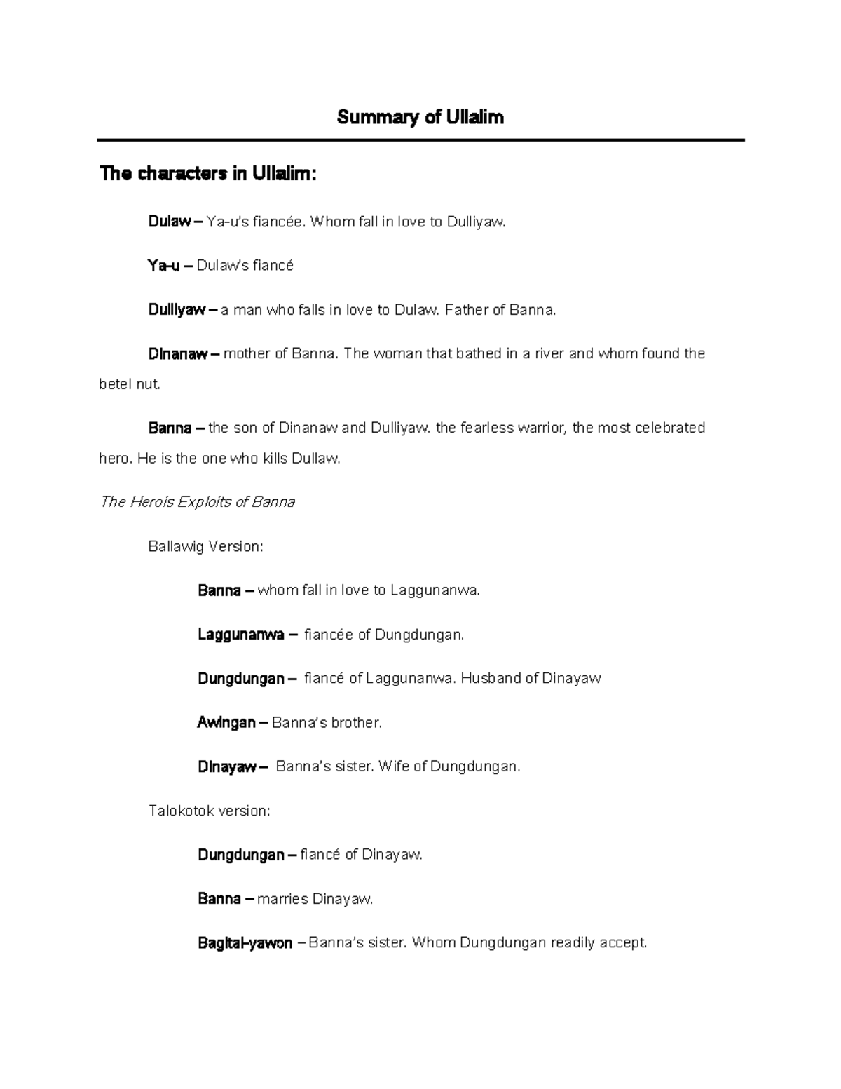 Sales - provisions - Summary of Ullalim The characters in Ullalim ...