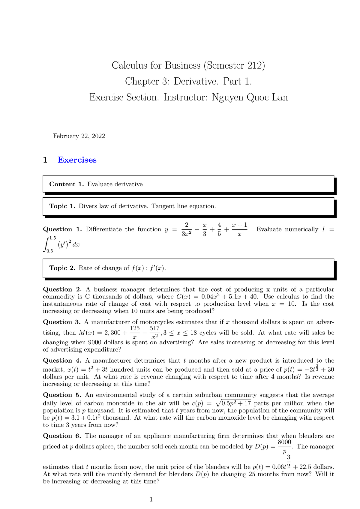 Chap 3 Calculus For Business - Calculus For Business (Semester 212 ...