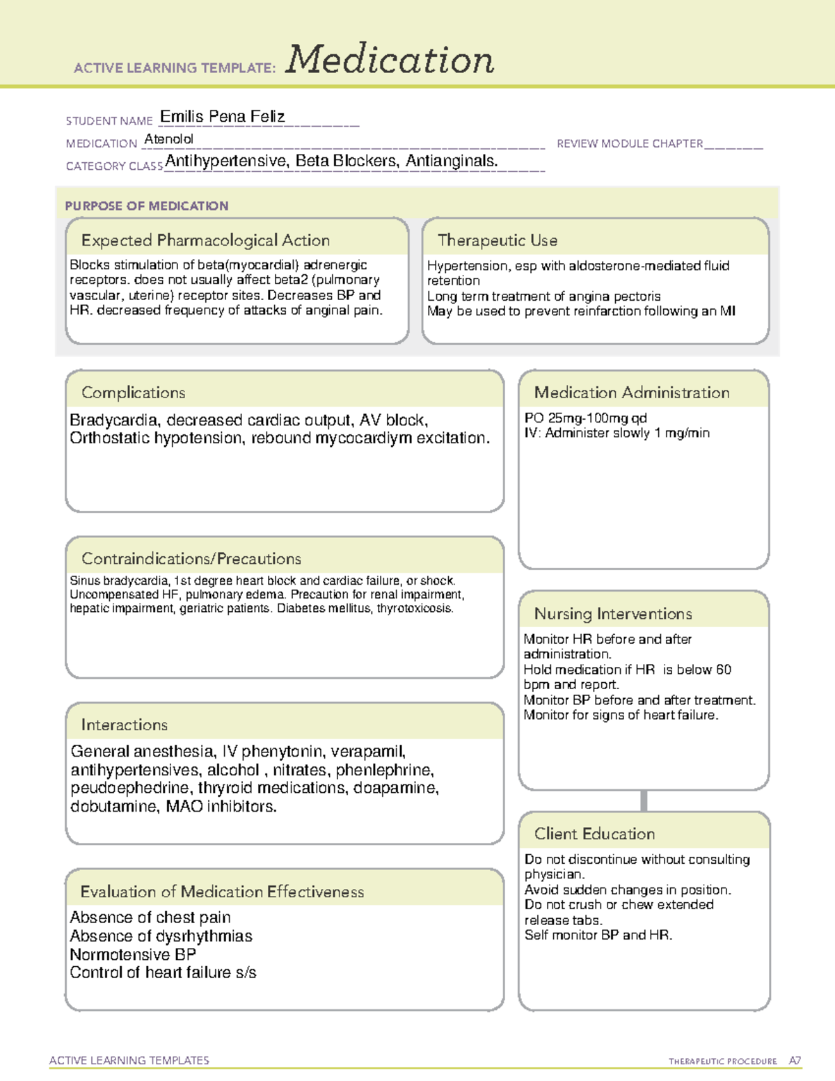 Atenolol med card assigment - ACTIVE LEARNING TEMPLATES THERAPEUTIC ...