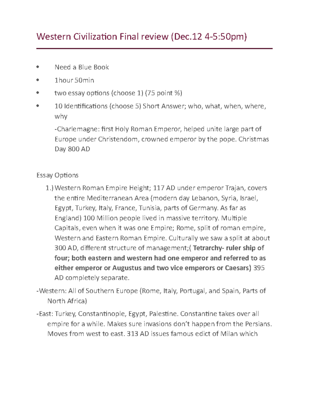 Western Civilization Final review - Christmas Day 800 AD Essay Options ...