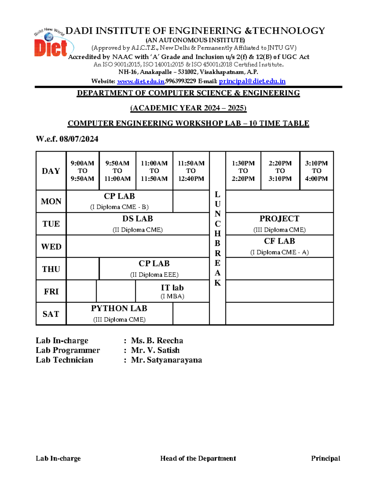 Lab 10 TT - notes - Lab In-charge Head of the Department Principal DADI ...