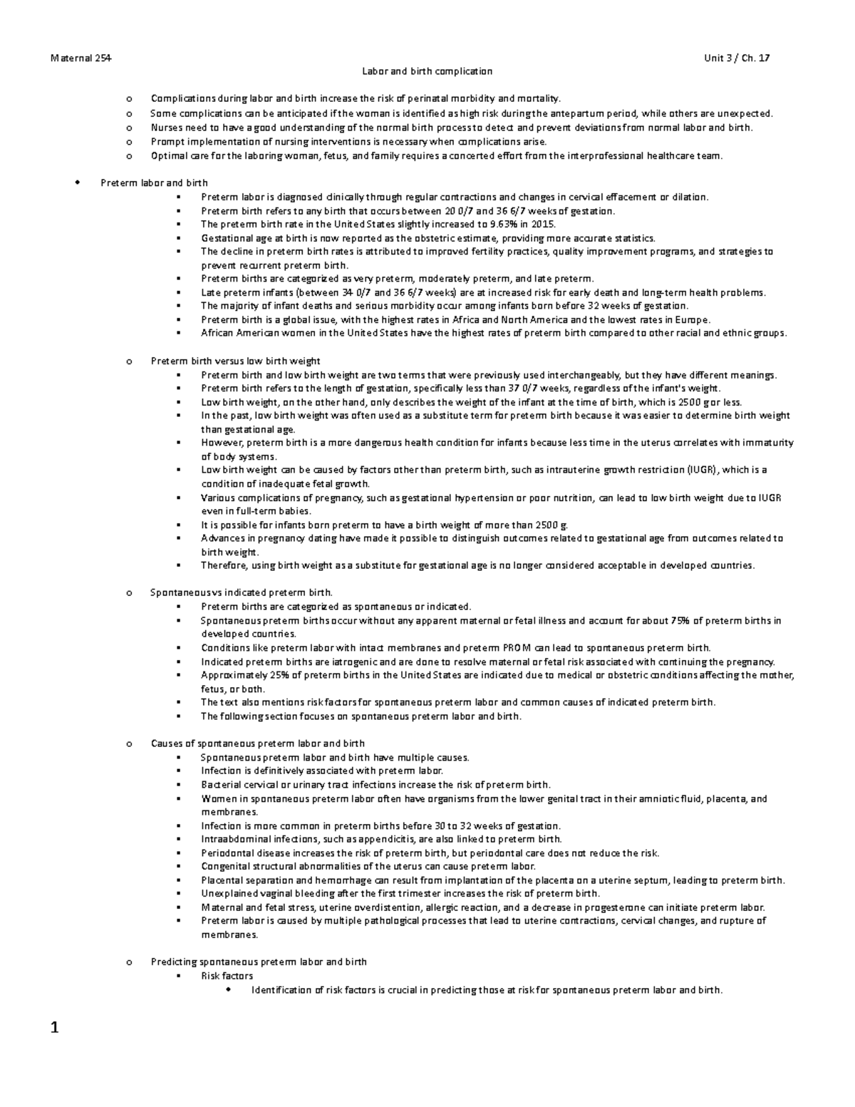 Maternal 254 ch 17 - Maternal 254 Unit 3 / Ch. 17 Labor and birth ...