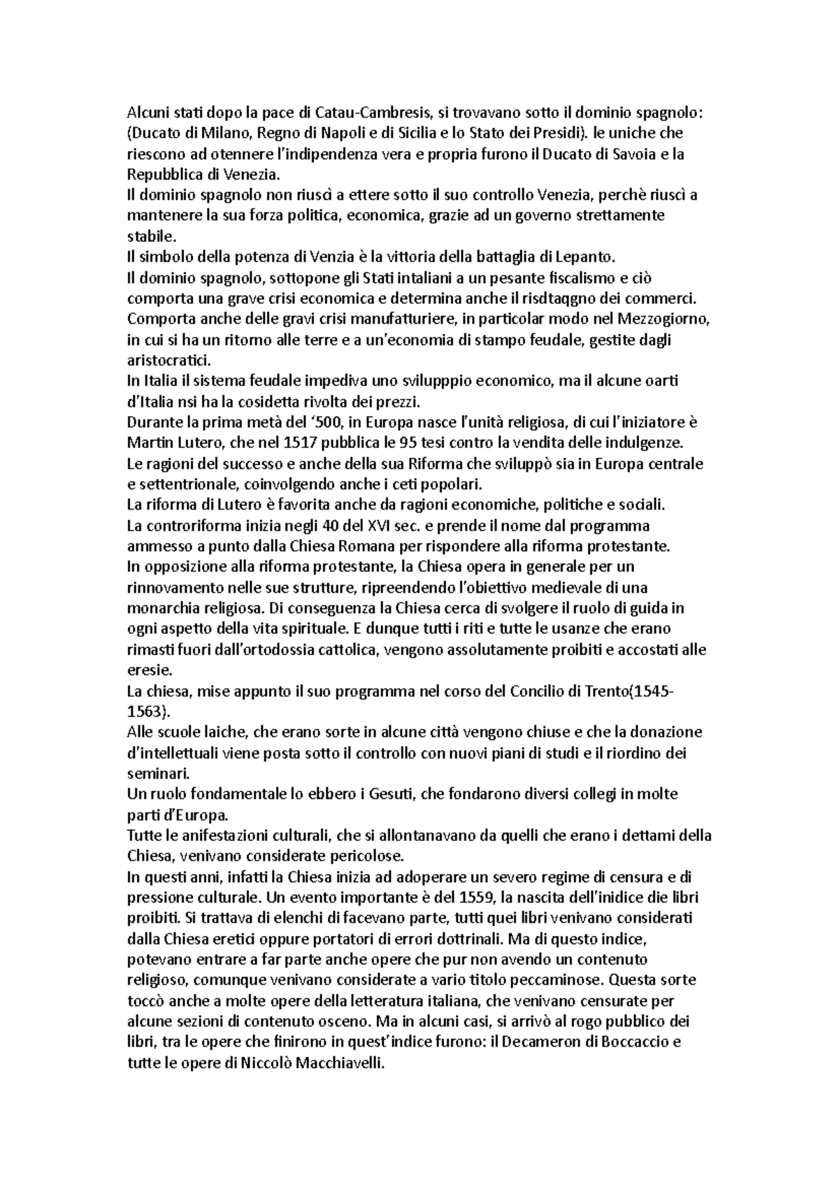 L'età della controriforma - Alcuni stati dopo la pace di Catau ...