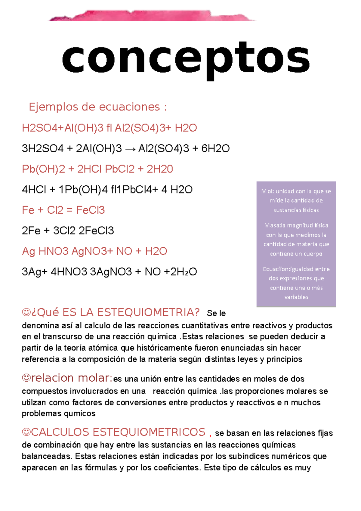 Estequiometria - apunte - Ejemplos de ecuaciones : H2SO4+Al(OH)3 fl Al2 ...