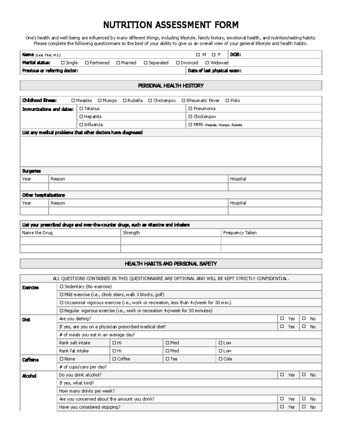 Patient nutrition assessment form - NUTRITION ASSESSMENT FORM One’s ...