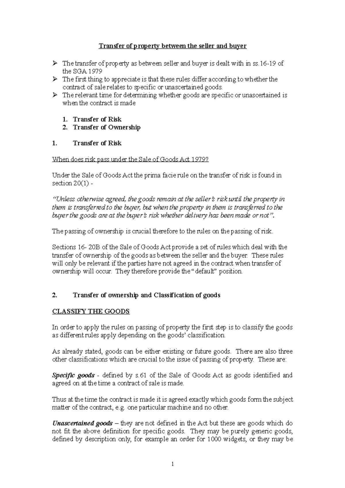 Transfer of ownership/ risk in SOG - Transfer of property between the ...