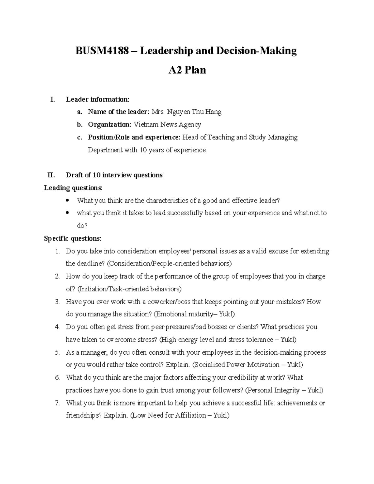 BUSM4188 – Leadership and Decision-Making A2 Plan - Leader information ...