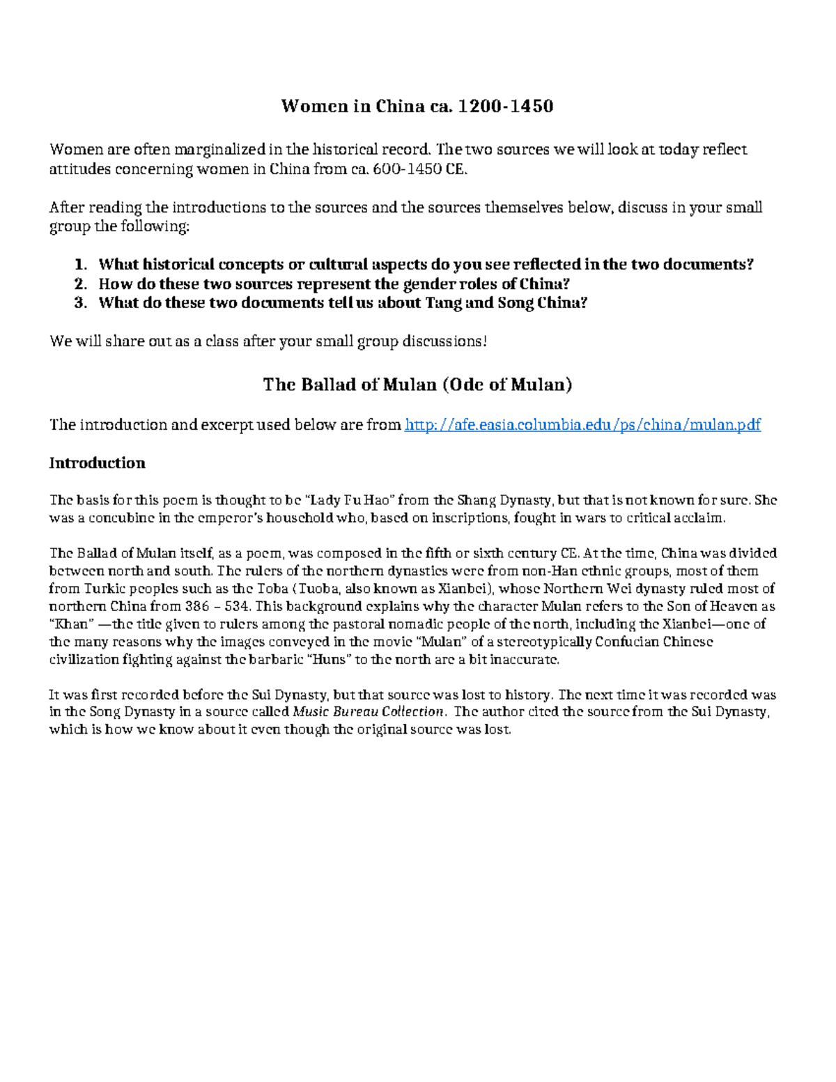Ballad of Mulan and Analects Document Discussion - Women in China ca 