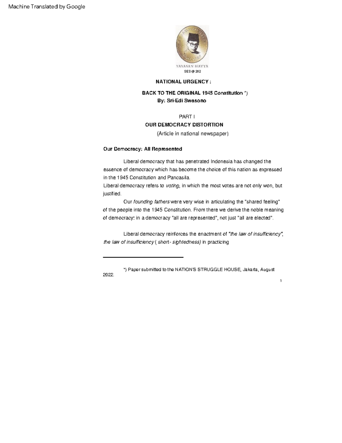 Urgensi Kembali Ke Uud 1945 Asli 1 Paper Submitted To The Nation Urgensi Kembali Ke Uud 1945 Asli 1 Paper Submitted To The Nation