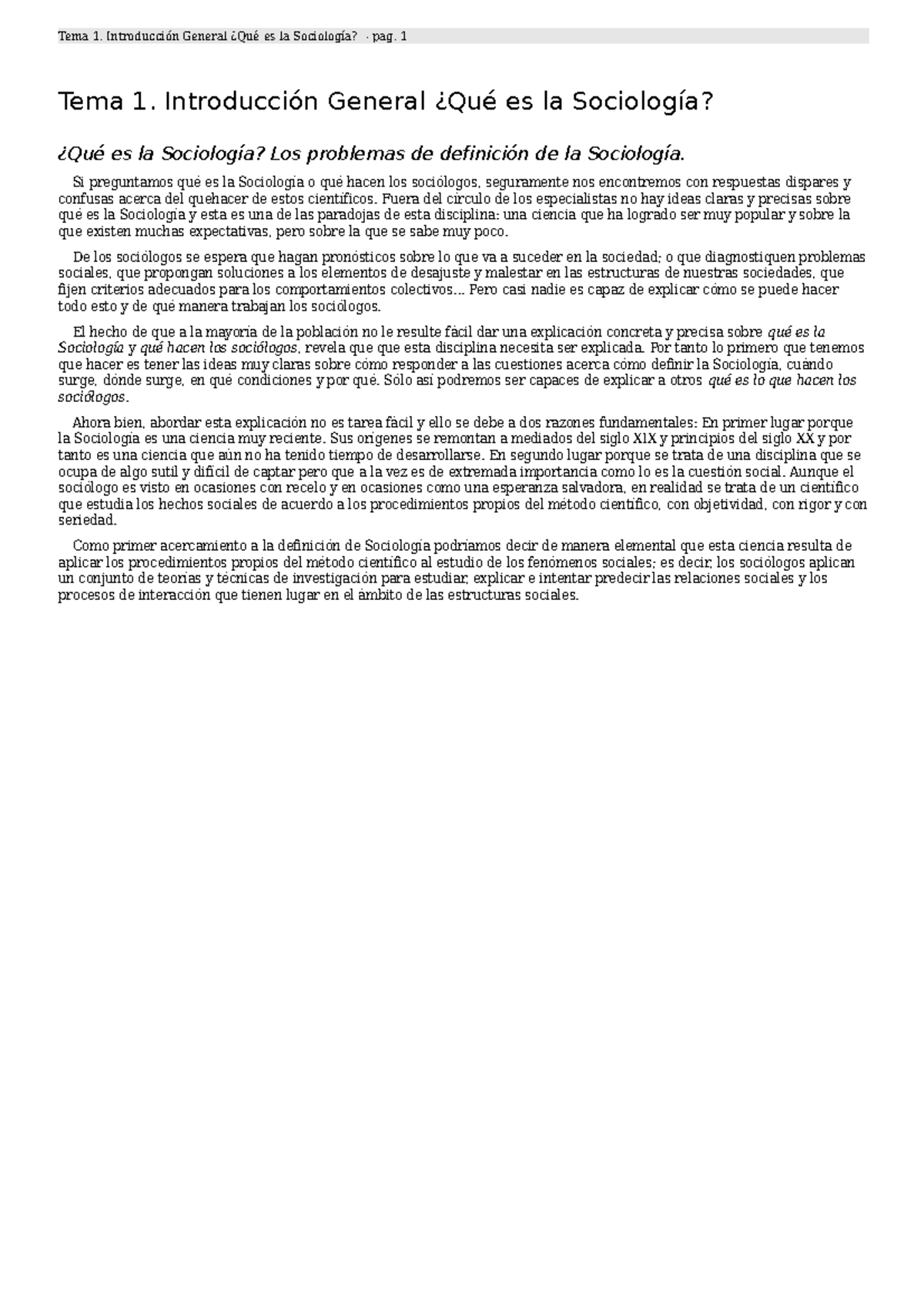 Introducción a ala Sociología - Tema 1. General es la pag. 1 Tema 1 ...