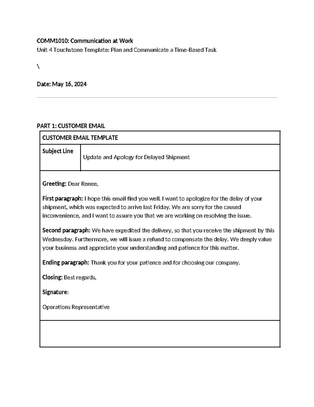 Unit 4 Touchstone - COMM1010: Communication at Work Unit 4 Touchstone ...