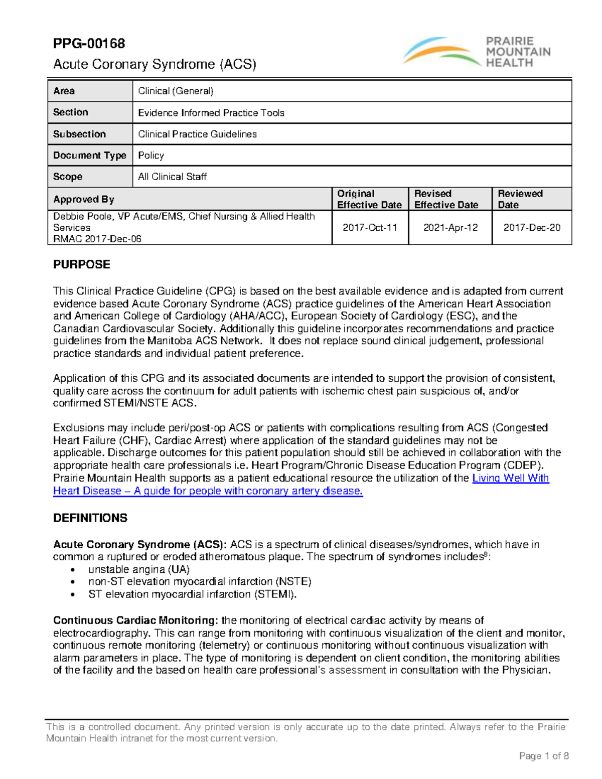 ACS Policy PPG-00168 2021 - Acute Coronary Syndrome (ACS) This is a ...