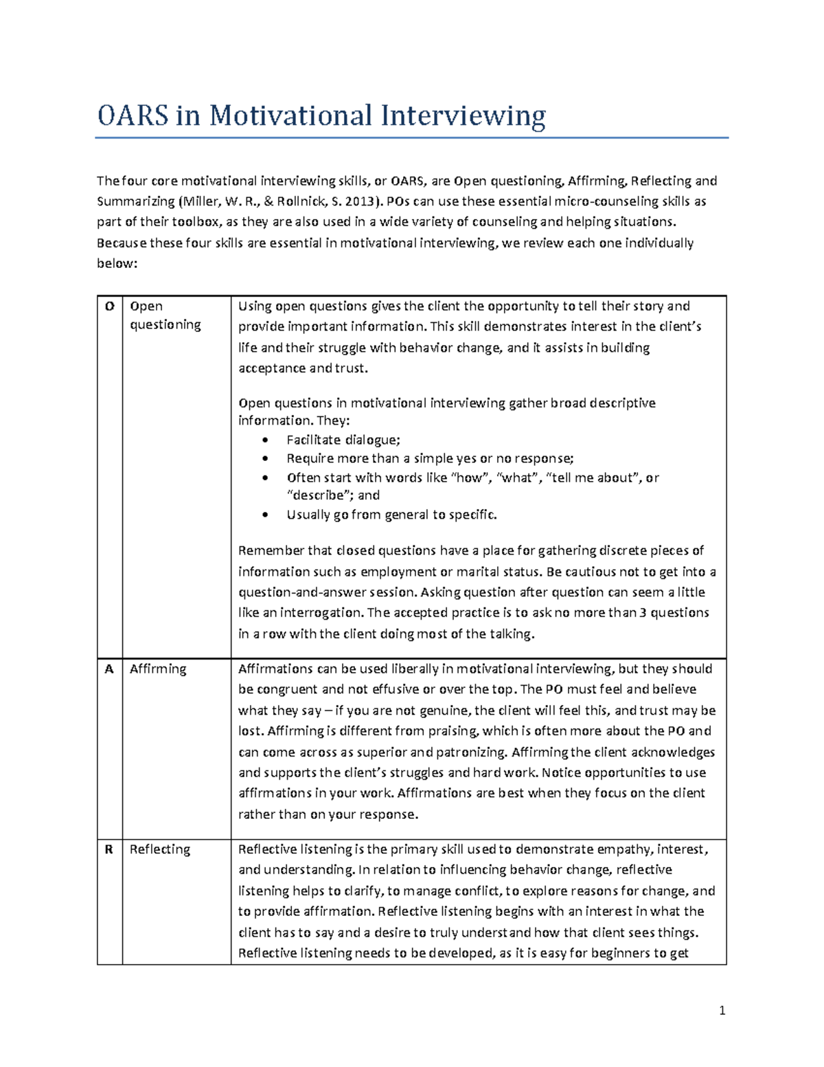 OARS in Motivational Interviewing - R., & Rollnick, S. 2013). POs can ...