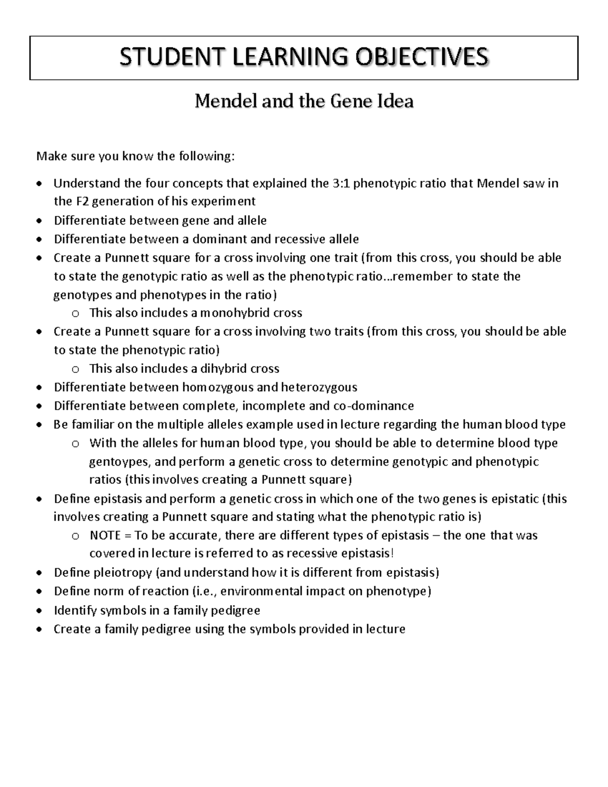 Bisc 102 student learning objectives mendel and the gene idea
