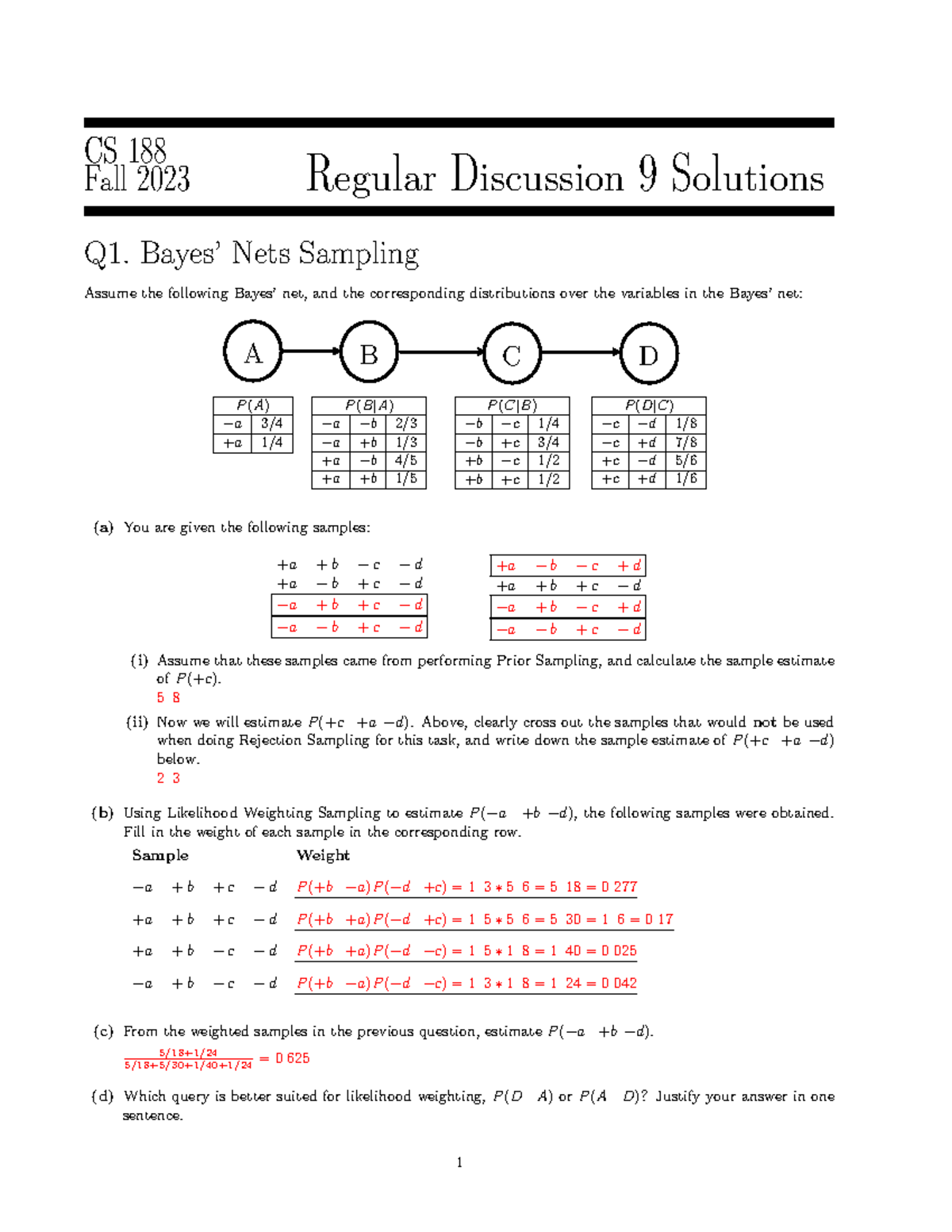 Disc09regularsols discussion sol CS 188 Fall 2023 Regular Discussion 9 Solutions Q1. Bayes
