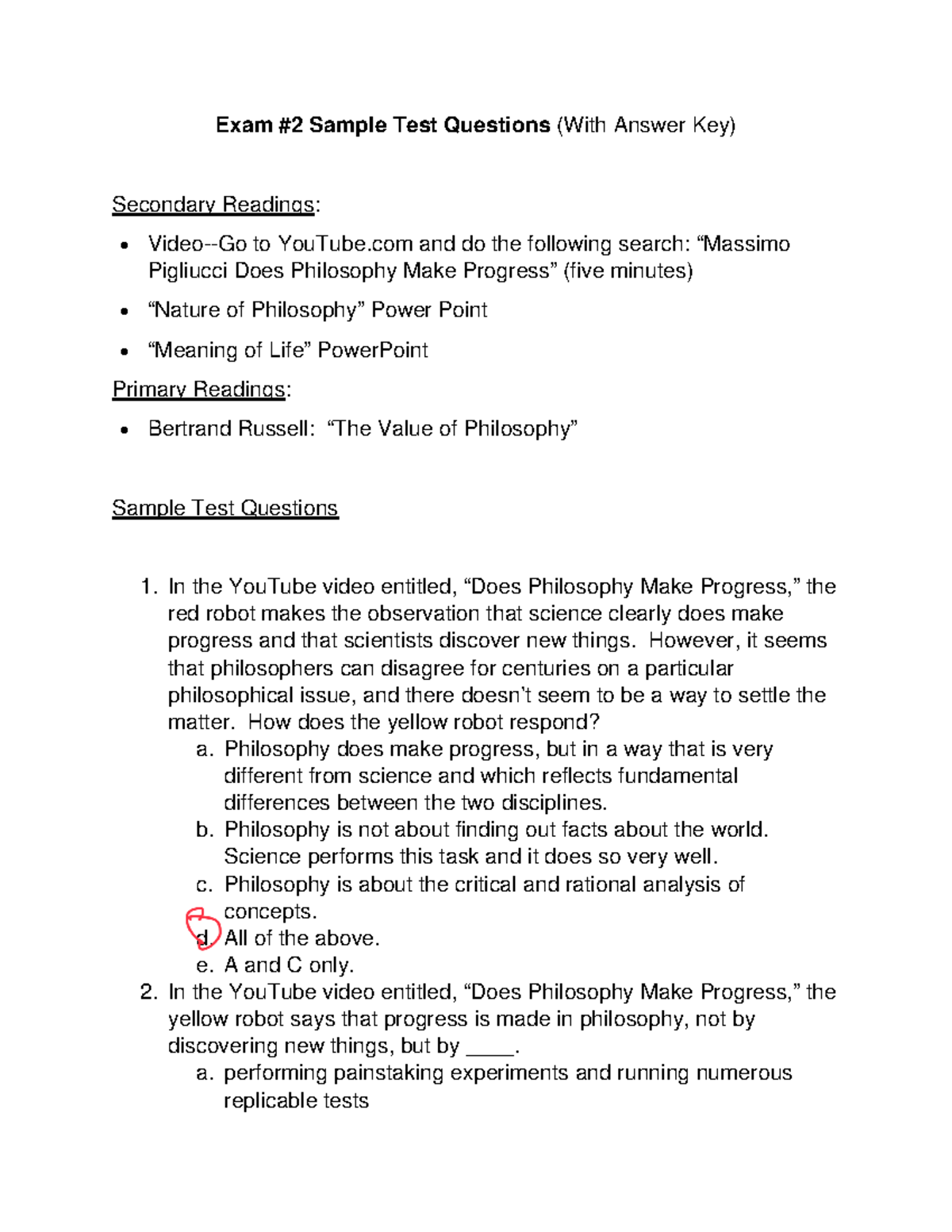 Nature of Philosophy and Meaning of Life (A) - Exam #2 Sample Test ...
