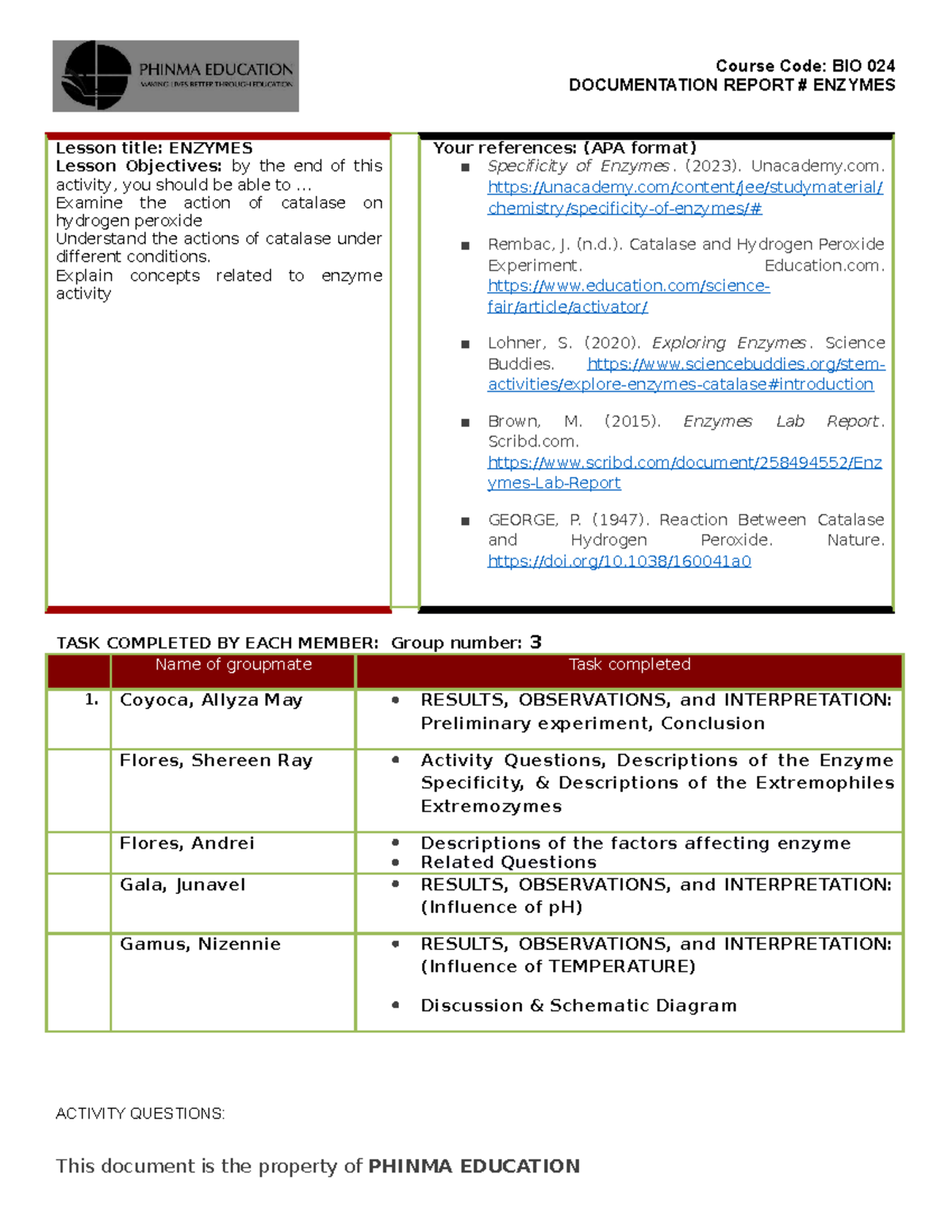 DOCU. Enzymes Documentation DOCUMENTATION REPORT ENZYMES Lesson