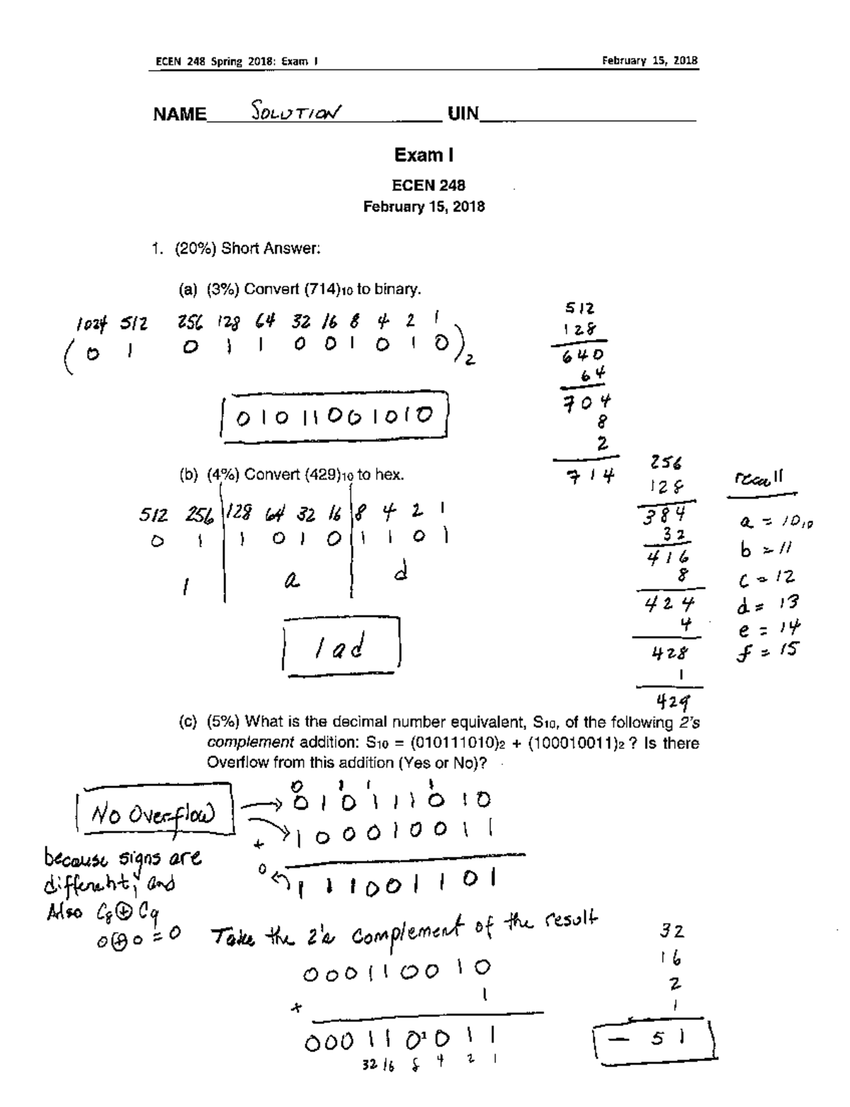 Solution ECEN 248 Exam I Spring 2018 Cantrell - ECEN 248 Spring 2018 ...
