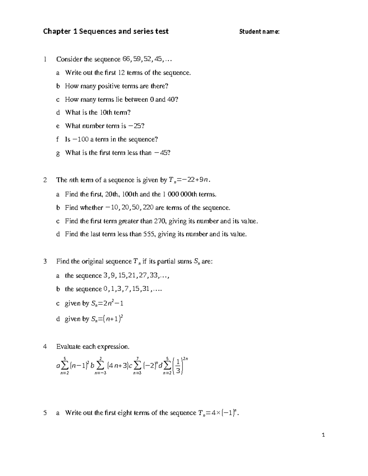 Chapter 1 test Series - Chapter 1 Sequences and series test Student ...
